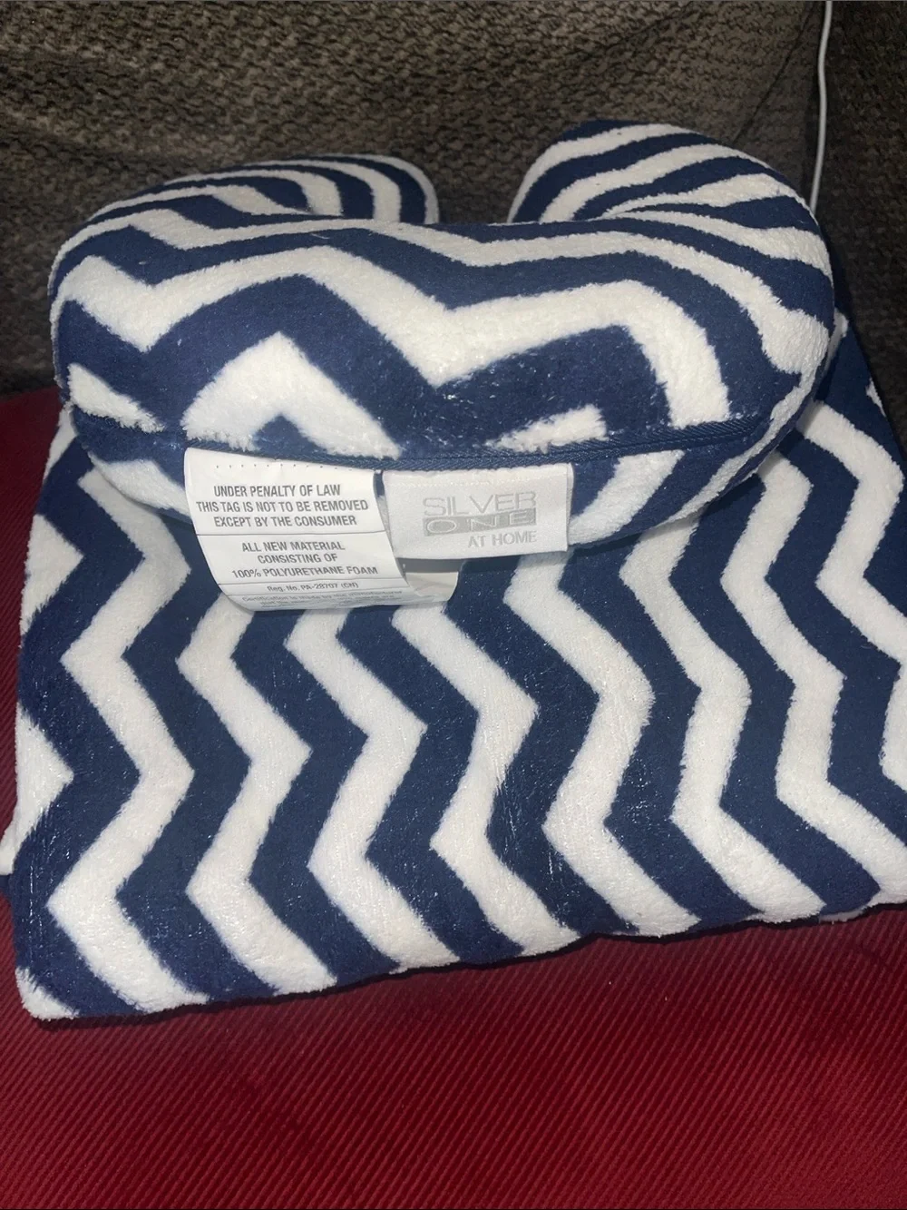 Silver Crest At Home Navy & White Chevron Neck Pillow with blanket